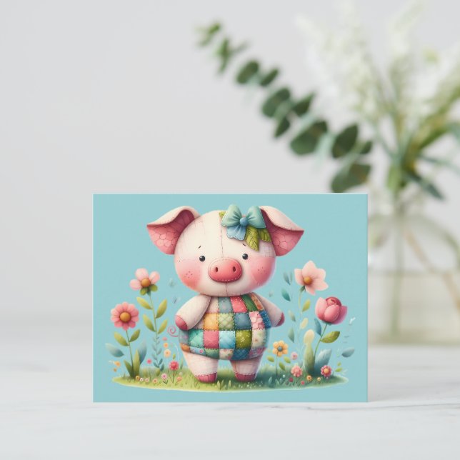 Launisches Patchwork-Schwein im Blumen Garten Postkarte (Stehend Vorderseite)