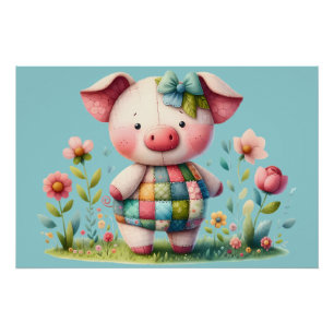 Launisches Patchwork-Schwein im Blumengarten Poster