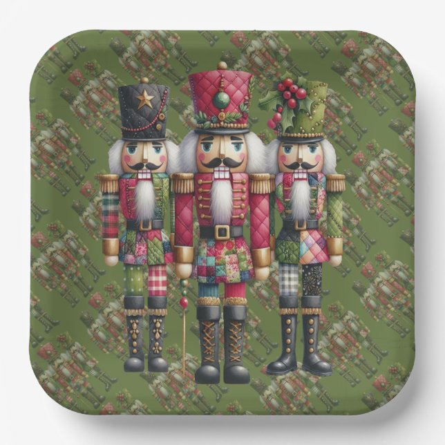 Launisches Patchwork-Weihnachts-Nussknacker-Trio Pappteller (Vorderseite)