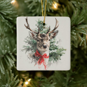 Launisches Reh mit roter Schleife Weihnachtsbaumsc Keramikornament