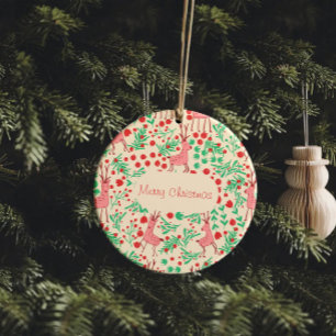 Launisches Rosa-Rentier- und Winterlaubmuster Keramik Ornament
