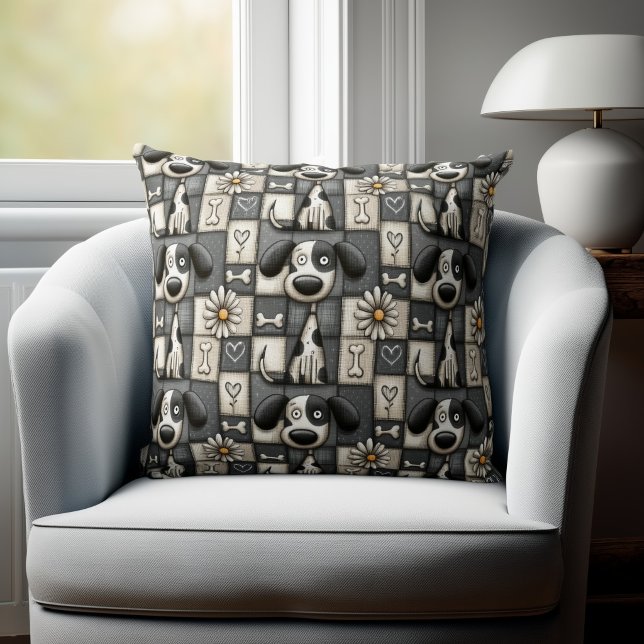 Launisches Schwarz-Weiß-Patchwork-Hundemuster Kissen (Von Creator hochgeladen)