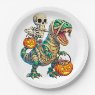 Launisches Skelett reitet auf einer Mumien-T-Rex H Pappteller