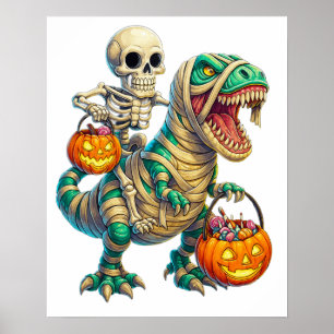 Launisches Skelett reitet auf einer Mumien-T-Rex H Poster