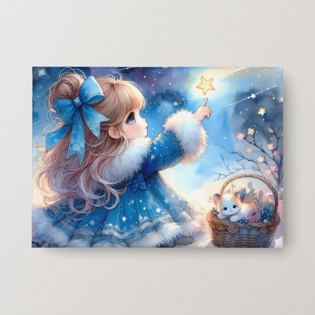 Launisches Sternengucker-Mädchen Aquarell Button (Vorderseite)