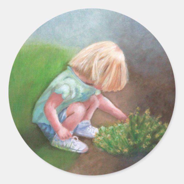 "Laura" Ölmalerei kleine Mädchen picken Blume Runder Aufkleber (Vorderseite)
