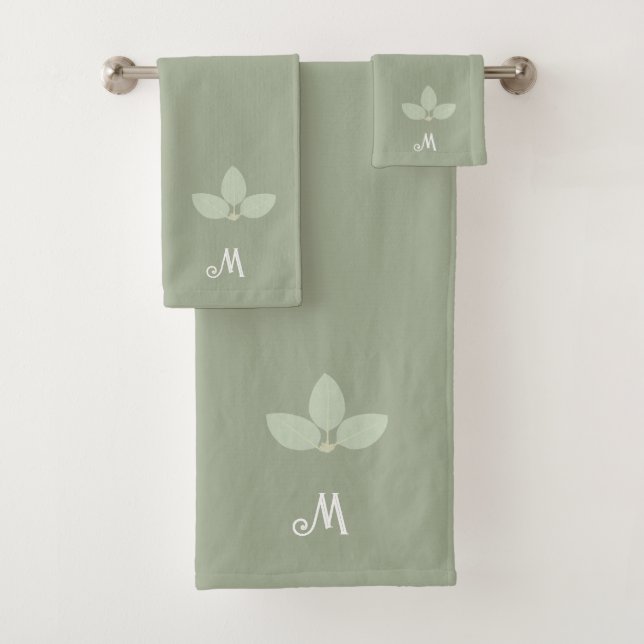 Laurel Blätter & Monogram auf Sage Bath Handtuch S Badhandtuch Set (Insitu)