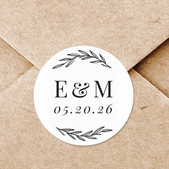 Laurel Branch Monogram Wedding Favor Runder Aufkleber (Von Creator hochgeladen)