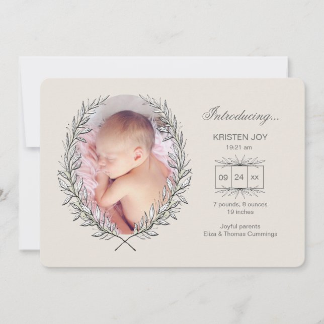 Laurel Frame Foto Geburtsankündigung Ankündigung (Vorderseite)