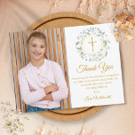 Laurel Garland First Community Foto Vielen Dank Postkarte<br><div class="desc">Ein dekorativer Lorbeergarten,  goldene Ringe und Kruzifix sitzen über Ihrem besonderen ersten heiligen Kommunion Dankeschön an Sie und neben Ihrem eigenen Foto auf diesem eleganten Design. Entwickelt von Thisisnotme©</div>