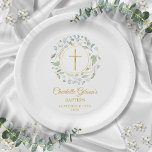 Laurel Garland Imitate Gold Foil Taufe Christening Pappteller<br><div class="desc">Ein dekorativer Lorbeergarten,  Goldringe und Kruzifix sitzen über Ihrer Taufe oder taufenden Papiertafel-Information über dieses elegante,  geschlechtsneutrale Design. Entwickelt von Thisisnotme©</div>