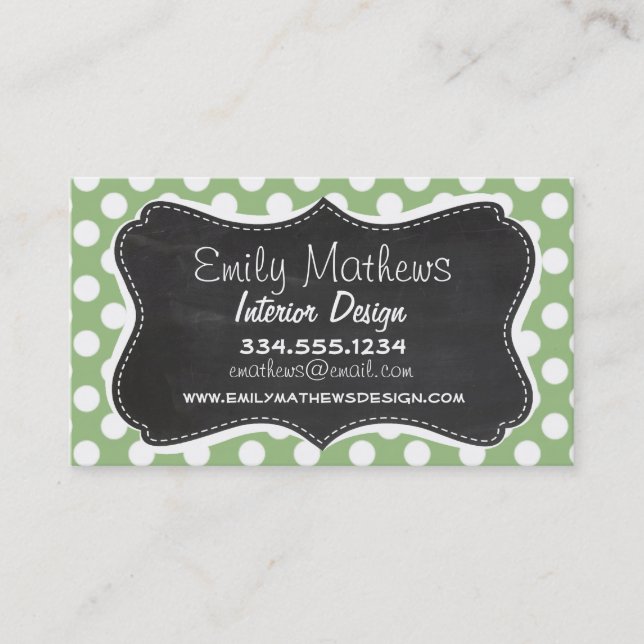 Laurel Green Polka Dots; Chalkboard-Look Visitenkarte (Vorderseite)