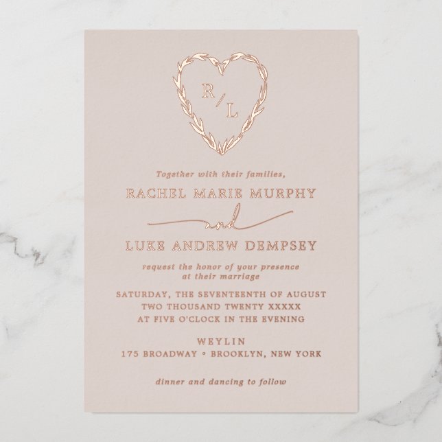 Laurel Leaf Heart Wreath Wedding Monogram Folieneinladung (Vorderseite)