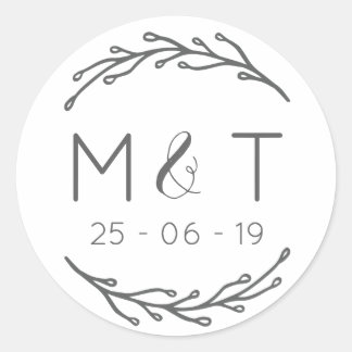 Laurel Leaf Initials & Date Wedding Stickers