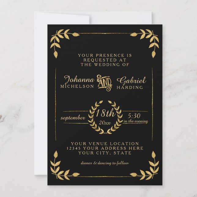Laurel Leaf Moderne Typografie Black Gold Wedding Einladung (Vorderseite)