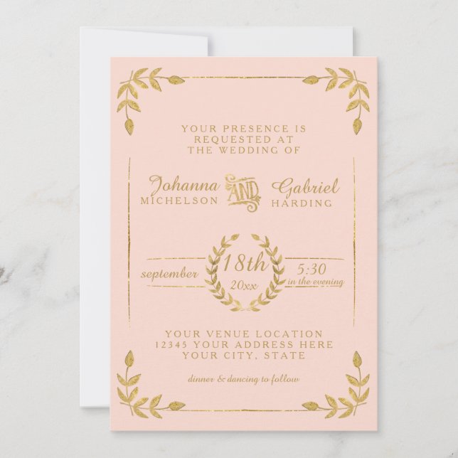 Laurel Leaf Moderne Typografie Blush Gold Wedding Einladung (Vorderseite)