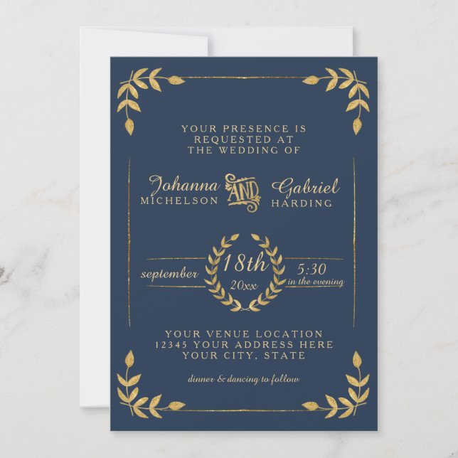Laurel Leaf Typografie Navy Gold Moderne Hochzeit Einladung (Vorderseite)