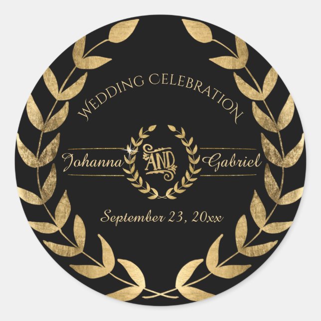 Laurel Leaf Wreath Black Gold Wedding Celebration Runder Aufkleber (Vorderseite)