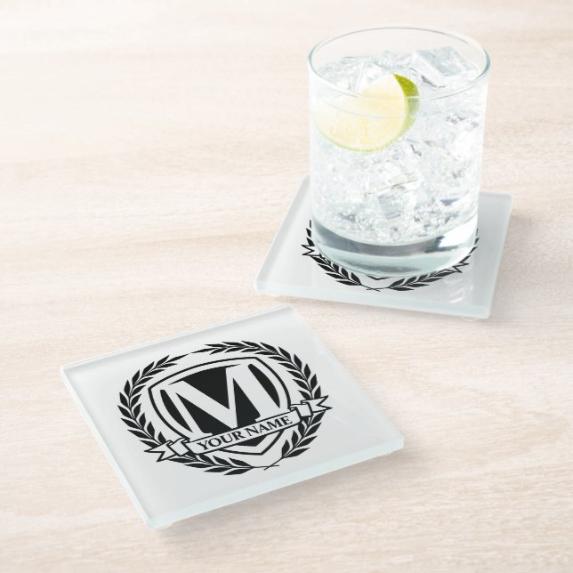 Laurel Monogram Design Glass Untersetzer (Schrägansicht)