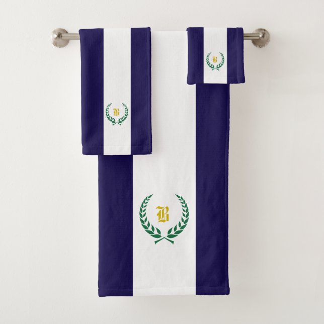 Laurel & Monogramm auf marineblau & weiß gestreift Badhandtuch Set (Insitu)