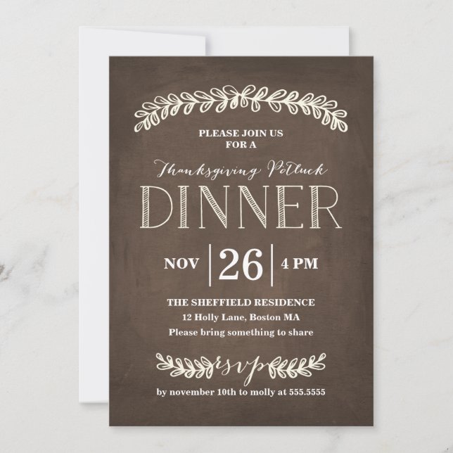 Laurel Potluck Dinner Chalkboard | Erntedank Einladung (Vorderseite)