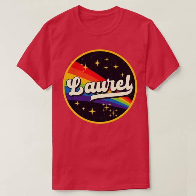 Laurel Regenbogen im Vintagen Weltraum T-Shirt (Design vorne)