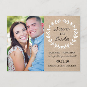 Laurel Save the Date Foto Postcard / Burlap Ankündigungspostkarte