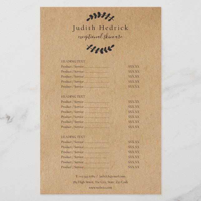 Laurel Verlasse Rustic Kraft Salon Service Menu Flyer (Vorne)