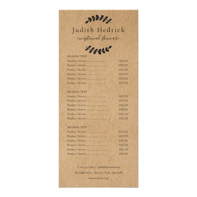 Laurel Verlasse Rustic Kraft Salon Service Menu Werbekarte (Vorne)