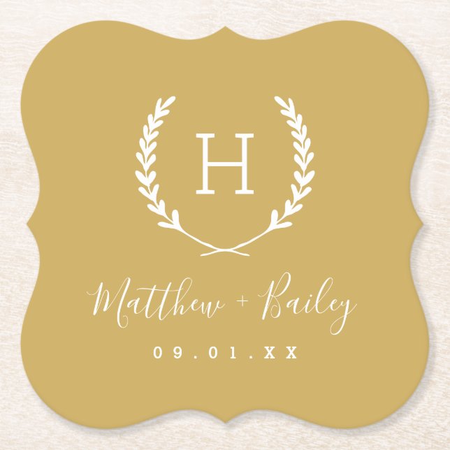 Laurel Wappen Wedding Monogram | Senf Yellow Untersetzer (Vorderseite)