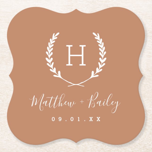 Laurel Wappen Wedding Monogram | Terra Cotta Untersetzer (Vorderseite)
