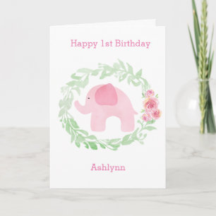 Laurel Watercolor Pink Elephant 1. Geburtstag Karte