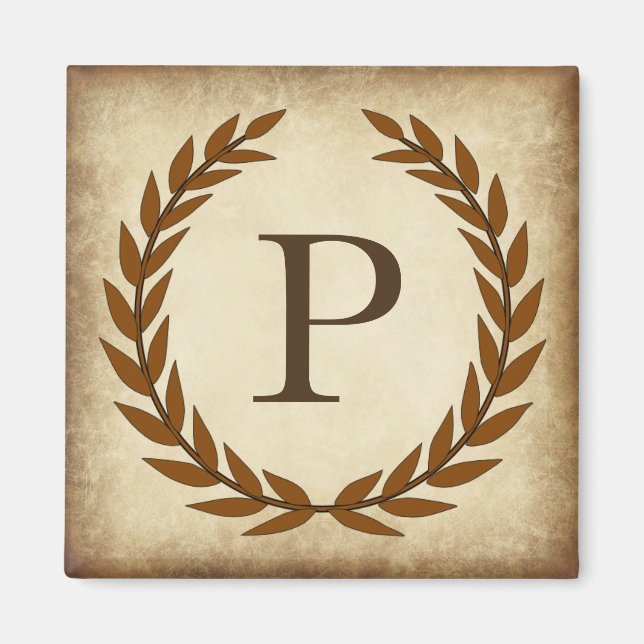 Laurel Wreath Aged Papyrus Monogram Initial P Magnet (Vorne)