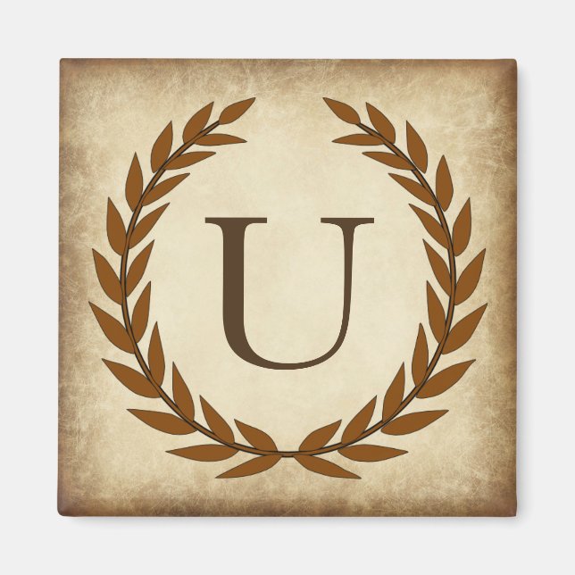 Laurel Wreath Aged Papyrus Monogram Initial U Magnet (Vorne)