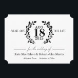 Laurel Wreath Black & White Nonphoto Save the Date<br><div class="desc">Diese Schwarz-Weiß-Hochzeit ohne Foto speichert das Datum Ihrer Hochzeit in einem eleganten Lorbeerkranz mit Blätter und Naturakzenten. Die Rückseite weist ein kleines Schwarzweiß-Punkt-Muster auf. Verwenden Sie diese Hochzeit speichern Sie das Datum für Ihre elegante schwarz-weiße Hochzeit oder jedes andere Hochzeitthema.</div>