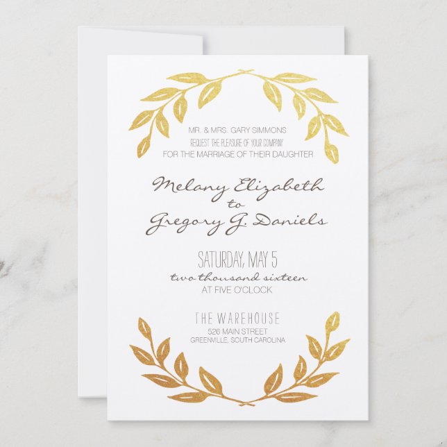 Laurel Wreath Gold Leaf Einladung zur Hochzeit (Vorderseite)