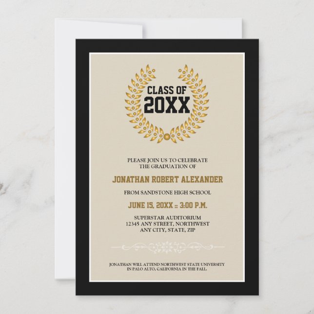 Laurel Wreath Graduation Faire-part (noir) (Devant)