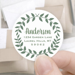 Laurel Wreath Green & White Rücksendeadressen-Aufk Runder Aufkleber