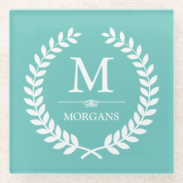 Laurel Wreath Monogram Chic Aquamarin Blue Glasuntersetzer (Vorderseite)