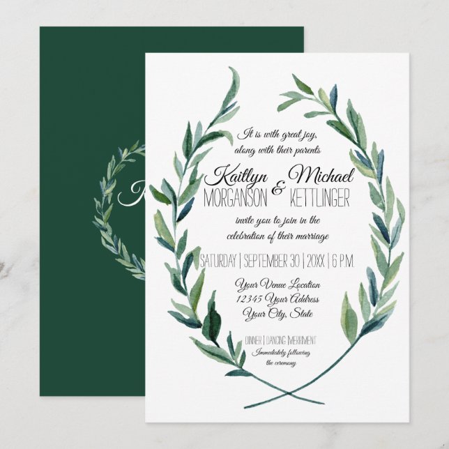 Laurel Wreath Olive Leaf Modern Emerald Green Einladung (Vorne/Hinten)