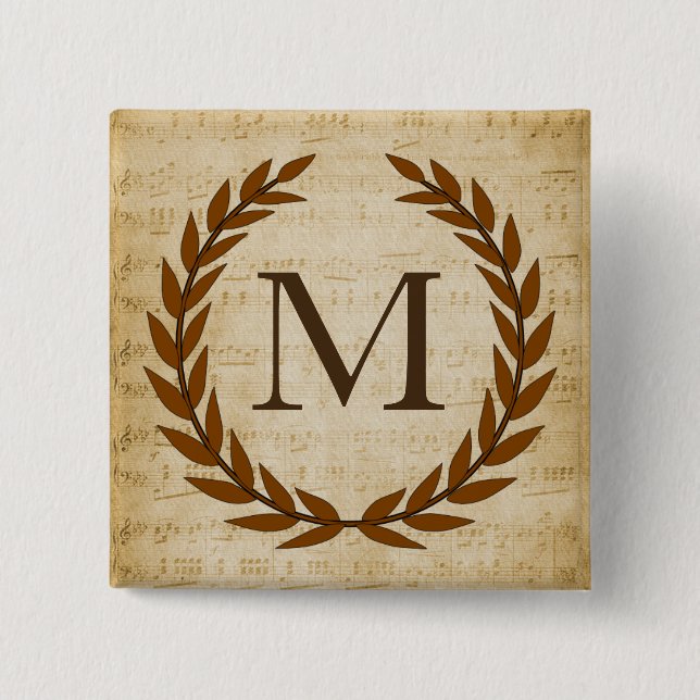 Laurel Wreath Sheet Music Monogram Initial Button (Vorderseite)