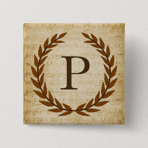 Laurel Wreath Sheet Music Monogram Initial P Button