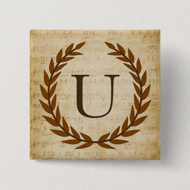 Laurel Wreath Sheet Music Monogram Initial U Button (Vorderseite)