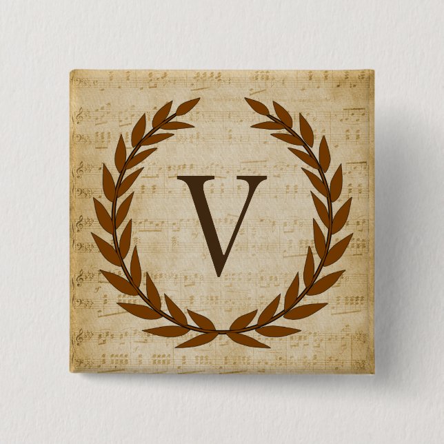 Laurel Wreath Sheet Music Monogram Initial V Button (Vorderseite)