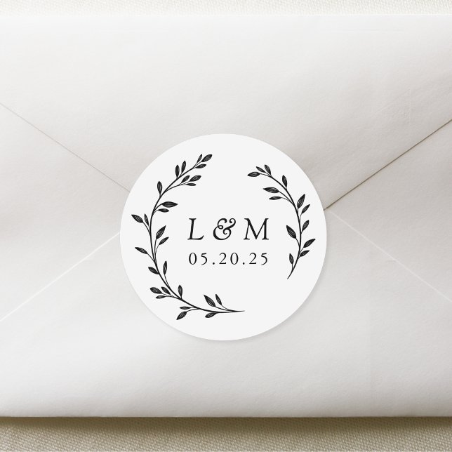 Laurel Wreath Wedding Monogram Runder Aufkleber (Von Creator hochgeladen)