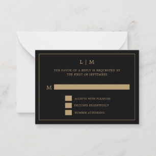 Lauren Black and Gold Monogram Elegant Wedding Mitteilungskarte