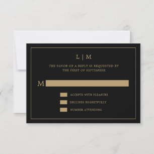 Lauren Black and Gold Monogram Elegant Wedding RSVP Karte