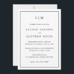 Lauren Black and White Elegante Wedding Empfang Einladung<br><div class="desc">Einfache Hochzeitsankündigung mit Empfang-Einladung in modernem und dennoch elegantem Design mit zwei Buchstaben Monogramm oben und Ihren Details umgeben von einem dünnen Rand. Der gesamte Text ist schwarz, auf weißem Hintergrund und die Rückseite schwarz. Die Schriftart und Hintergrundfarben können durch Anklicken des Buttons "Anpassen" in beliebig viele Farben geändert werden....</div>