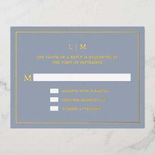Lauren Dusty Blue Monogram Elegant Wedding Folie Einladungspostkarte