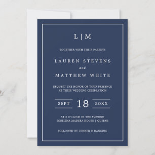 Lauren Navy Blue Monogram Elegant Wedding Einladung